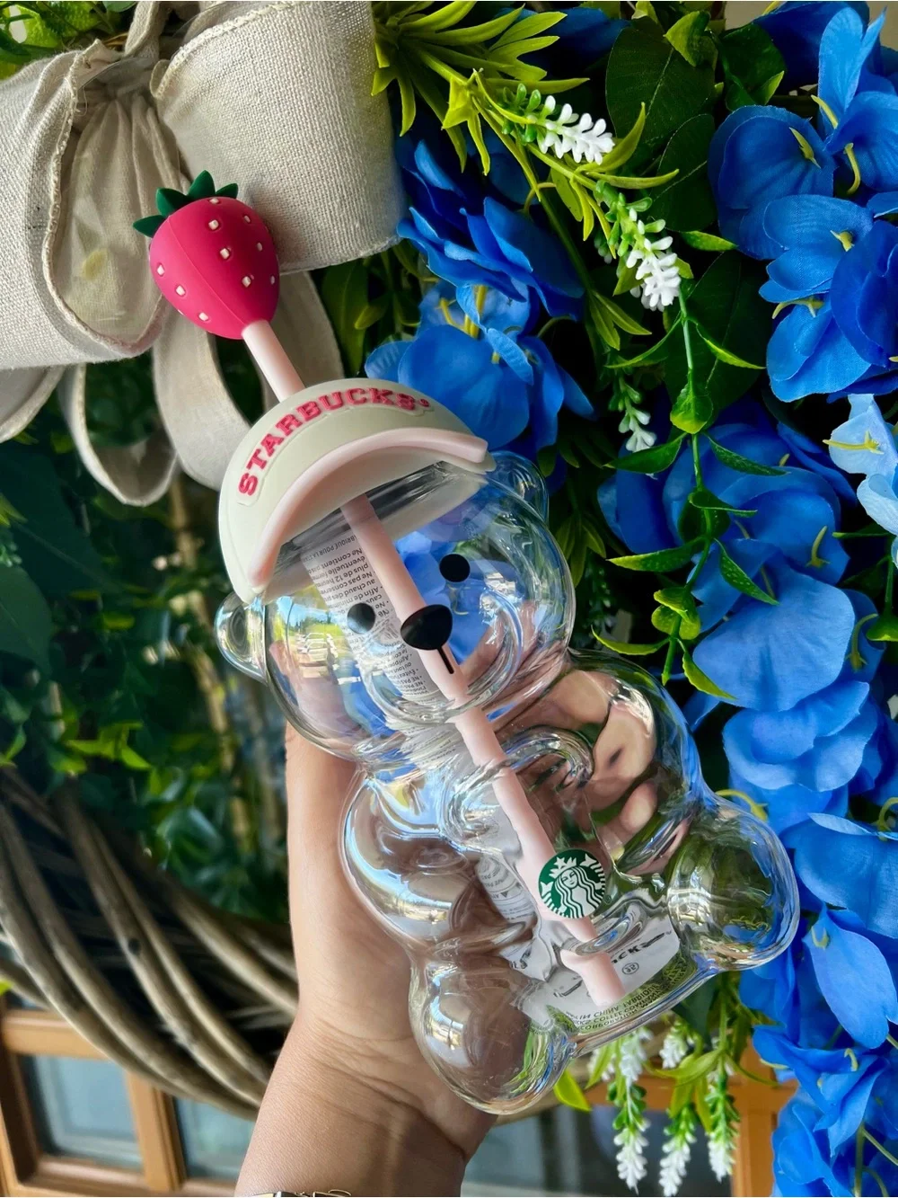 Starbucks Clear Bear Cup with Pink Straw and Strawberry Top